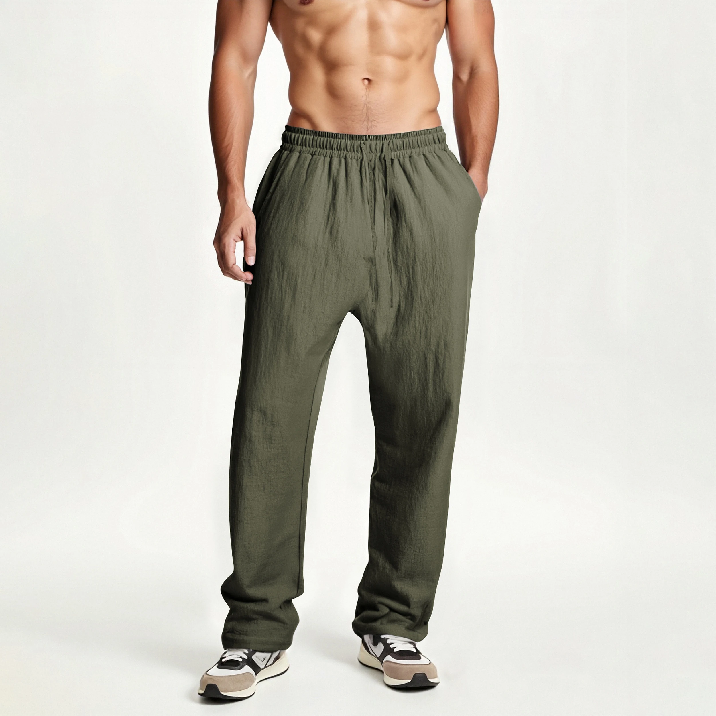 Men's summer solid color cotton and linen lace-up trousers with pockets fashionable and versatile casual men's trousers