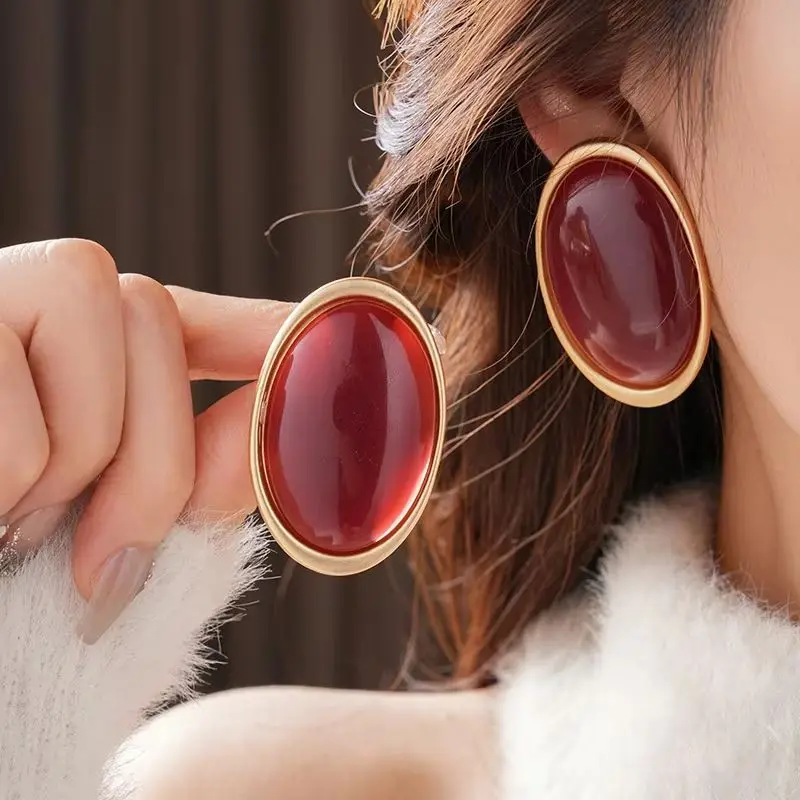 Vintage Ruby Stud Earrings Luxury large Geometric Oval earrings Red Resin Women's Earrings Party Wedding Jewelry Wholesale
