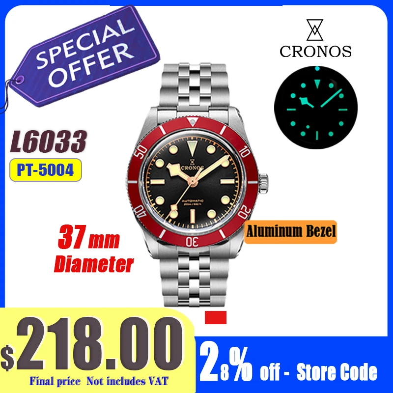 Cronos Luxury Men Watch 37mm Diver BB54 Vintage Automatic Miyota9015 Pt5004 Wristwatches Female End Links Sapphire 20 Bar L6033M