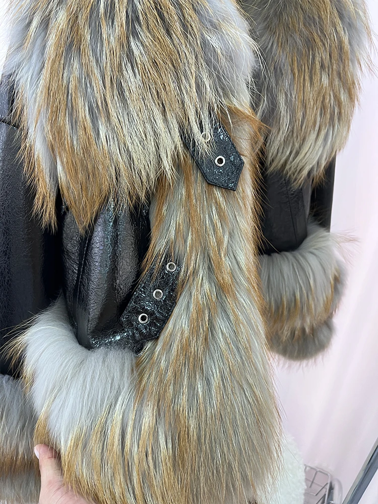 2024 New Winter Natural Raccoon Fur Collar Coat Women\'s Genuine Sheepskin Leather Jacket Luxury Coat Outerwear Female Coat