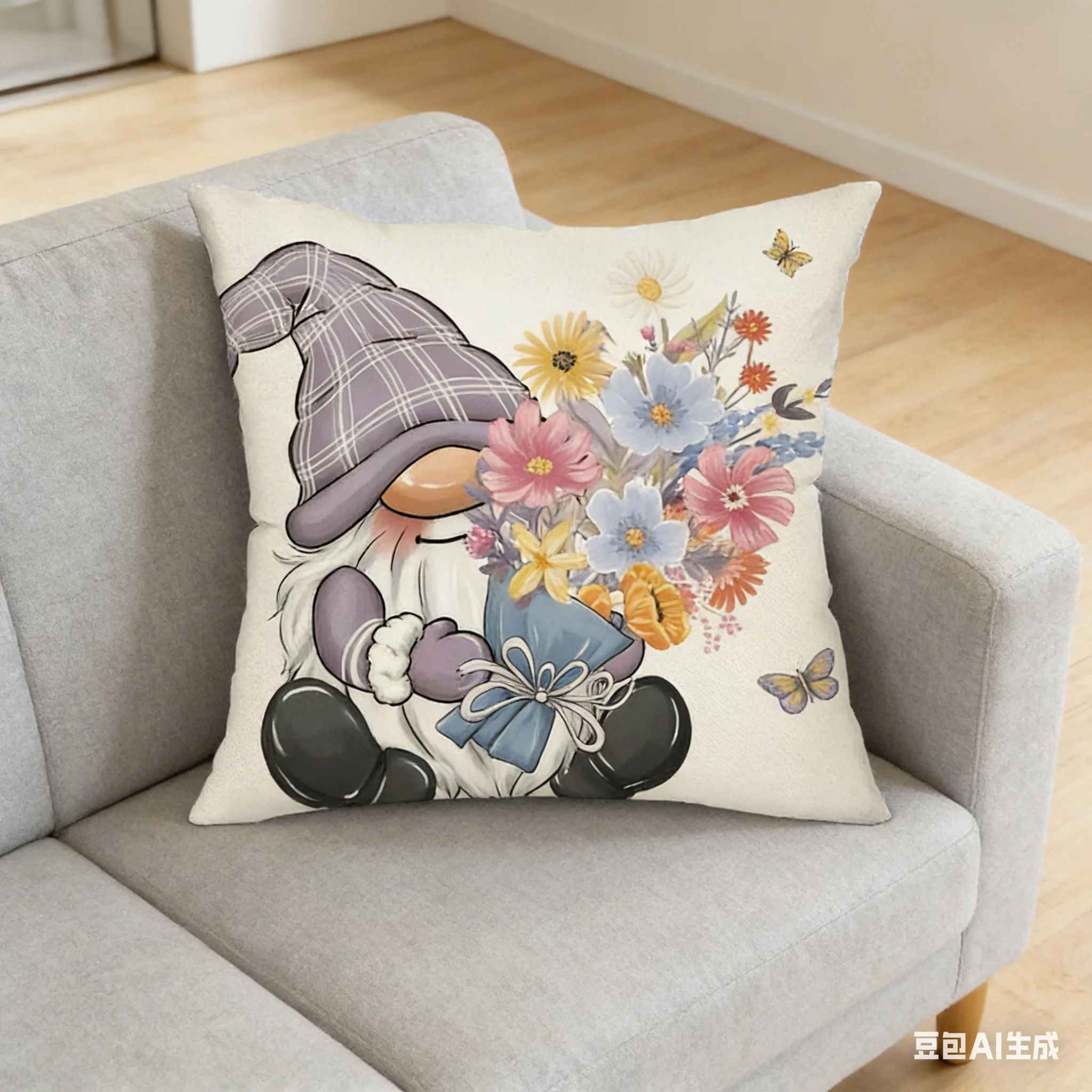 Spring Gnome Flower Pillowcase Multiple Sizes Reactive Print Nordic Fairy Tale Garden Polyester Sofa Bedroom Home Decor Cozy