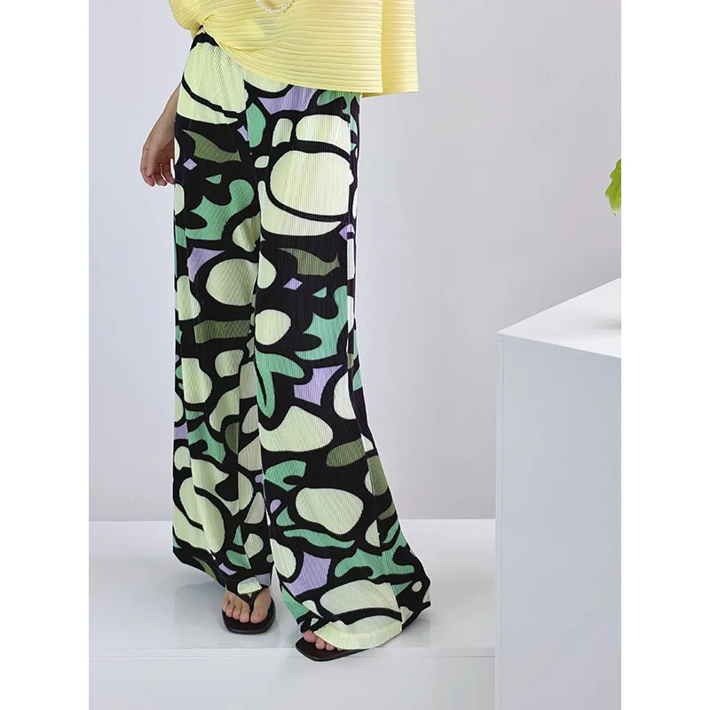 

Miyake Colorblock Printting Loose Straight Pants Women's Niche Pleated Elastic High Waist Wide Leg Pants Draped Trousers