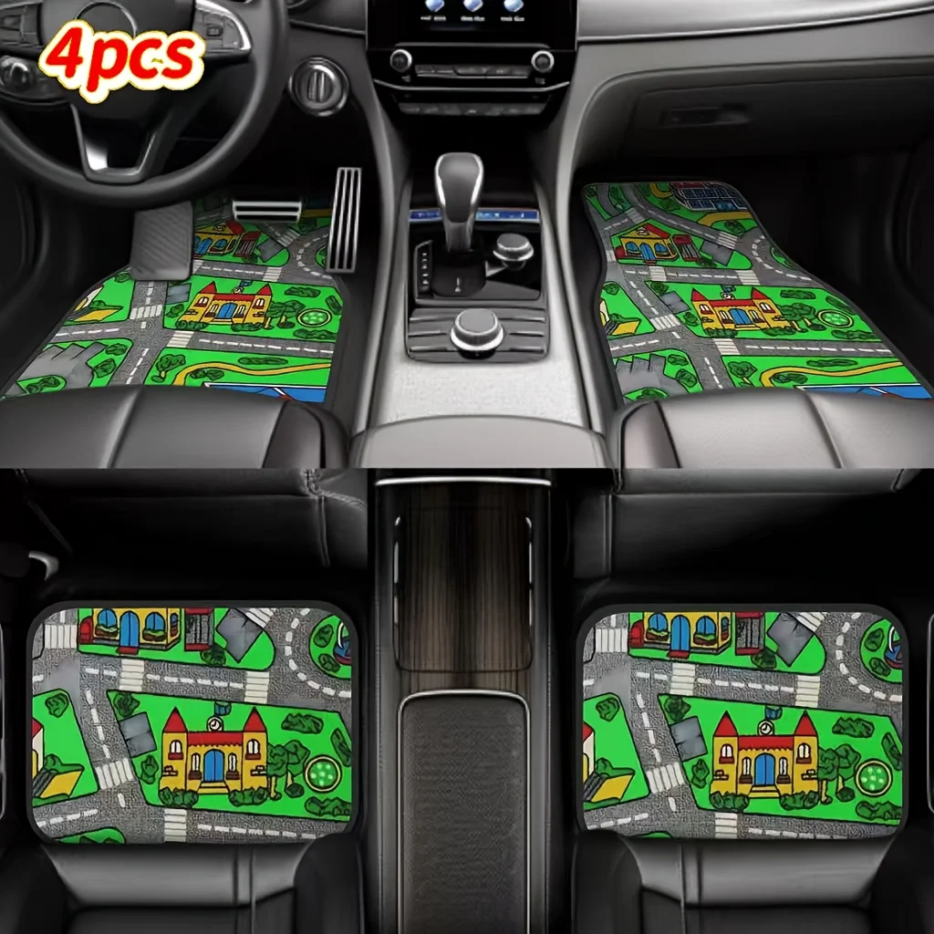 4pcs 90s Retro Racing Track Print Car Floor Mat Set, Made Of Polyester, Washable – Ideal Gift For Men And Women | Suitable For C