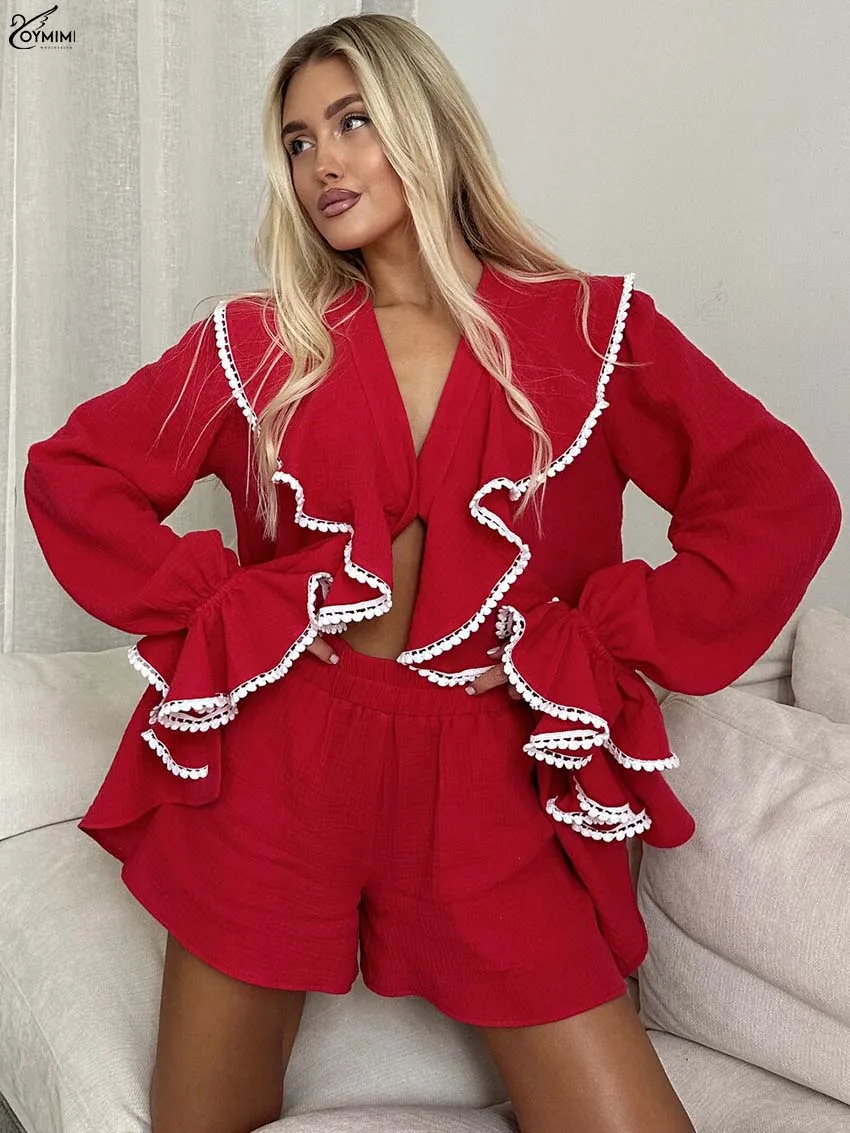 Oymimi Eleagnt Red Cotton 2 Piece Sets Woman Outfits Fashion Long Sleeve Lace Ruffled Button Shirts And High Waisted Shorts Sets