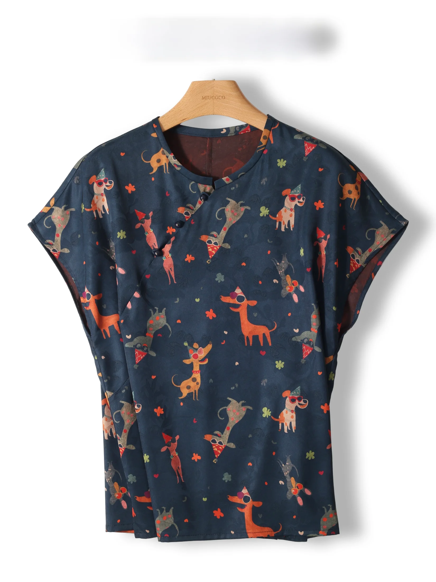

New Chinese Style Summer Ice Silk Shirt Slimming Print Hidden Meat Cooling Traditional round Neck Short Sleeve Women's Top