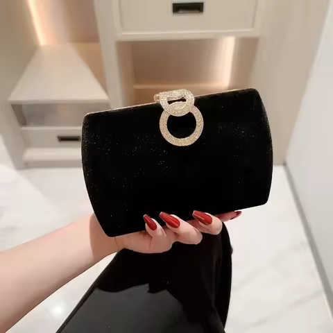 Ladies Autumn Winter Velvet Box Dinner Bag Sparkly Rhinestone Decoration Banquet Bag Clutch Evening Dress Bag Party