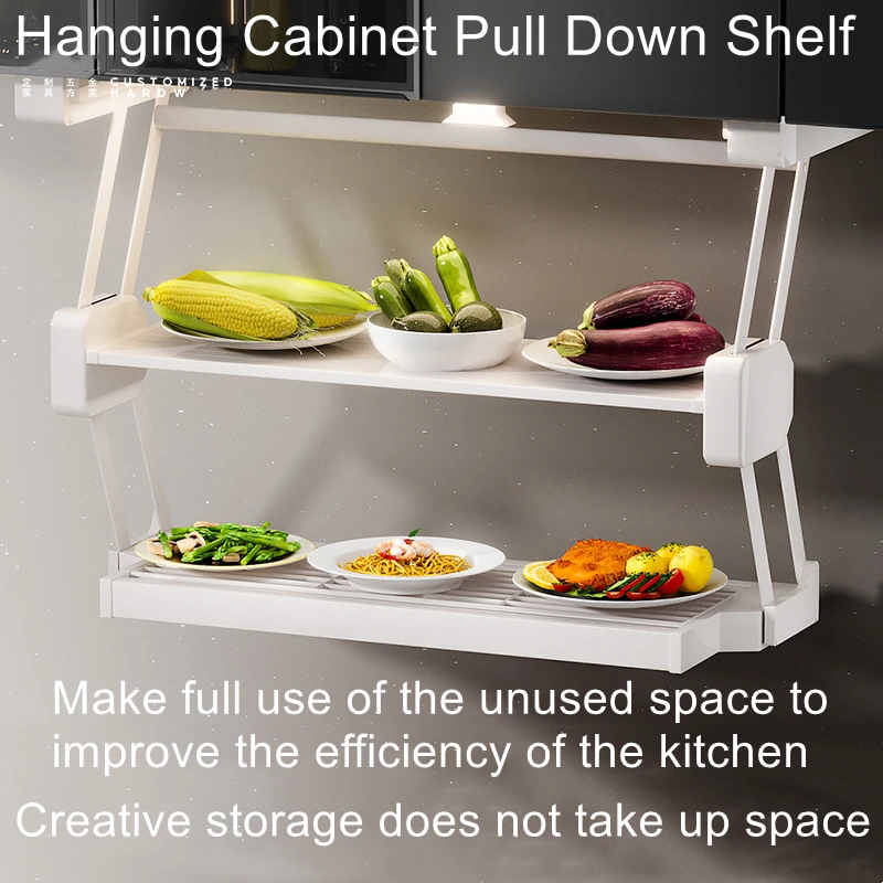 

Pull Down Kitchen Folding Shelf Cabinet Spice Dish Storage Rack Lifting Basket