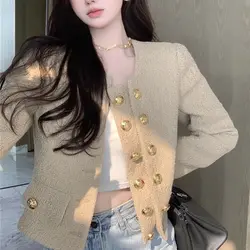 Spring Autumn Women's Clothing Solid Color Button Pockets Round Neck Cardigan Long Sleeve Coats Casual Fashion Korean Tops