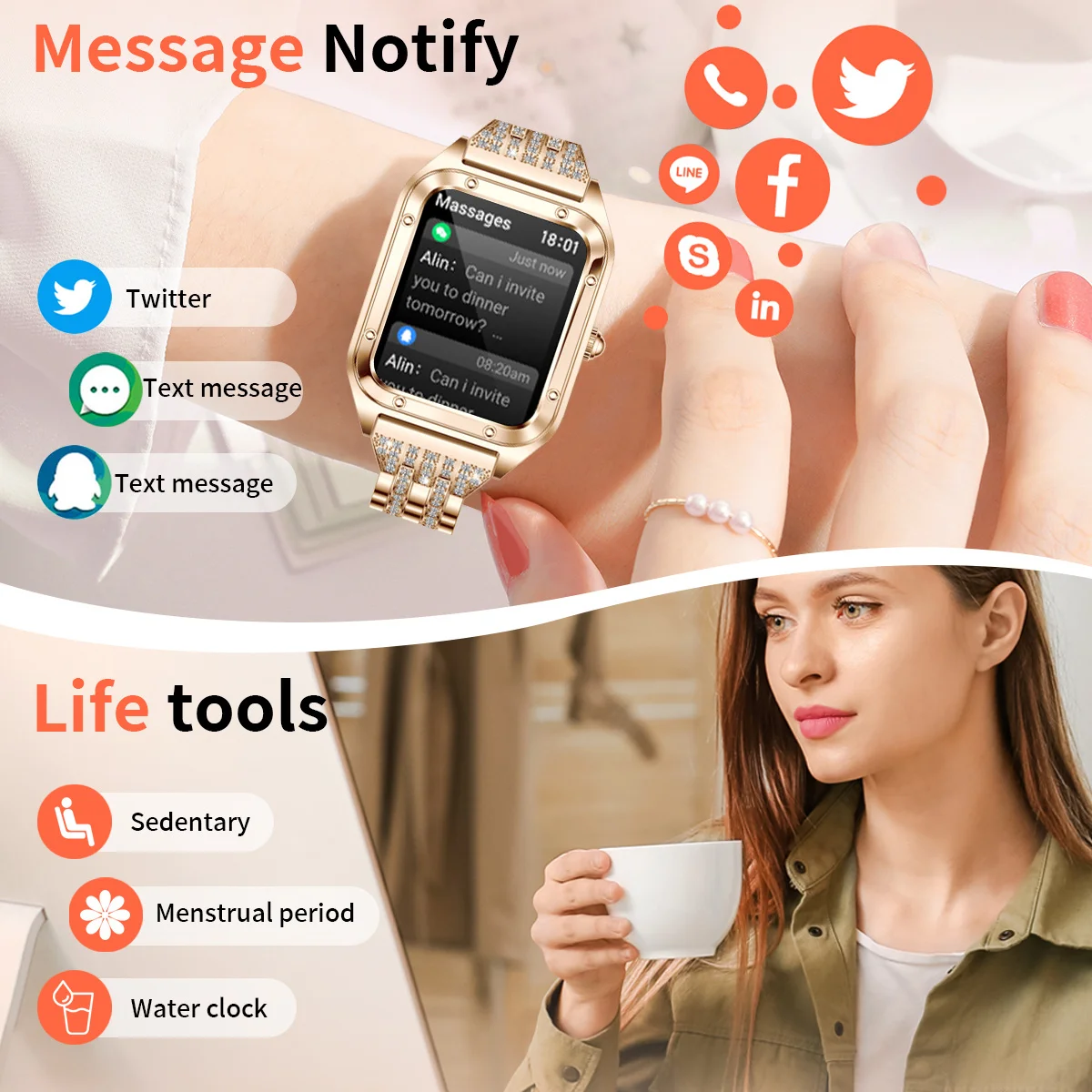 LIGE New Fashion Smart Watch Ladies Bluetooth Call Blood Pressure Sports Bracelet Waterproof DIY Custom Dial Smartwatch Women