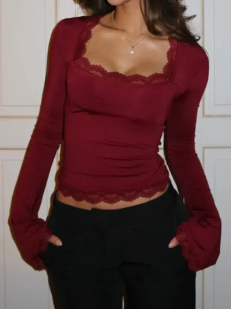 

Fashion Sexy Lace T Shirt For Women Elegant Slim Long Sleeve Square Collar Pullovers Tops Women's Clothing Holiday Streetwear