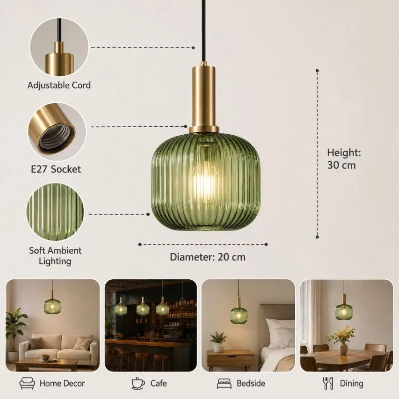Modern Green Glass Pendant Light E27 Ribbed Shade Adjustable Cord for Dining Room Cafe Bedroom Bedside Home Decor Pendant Light