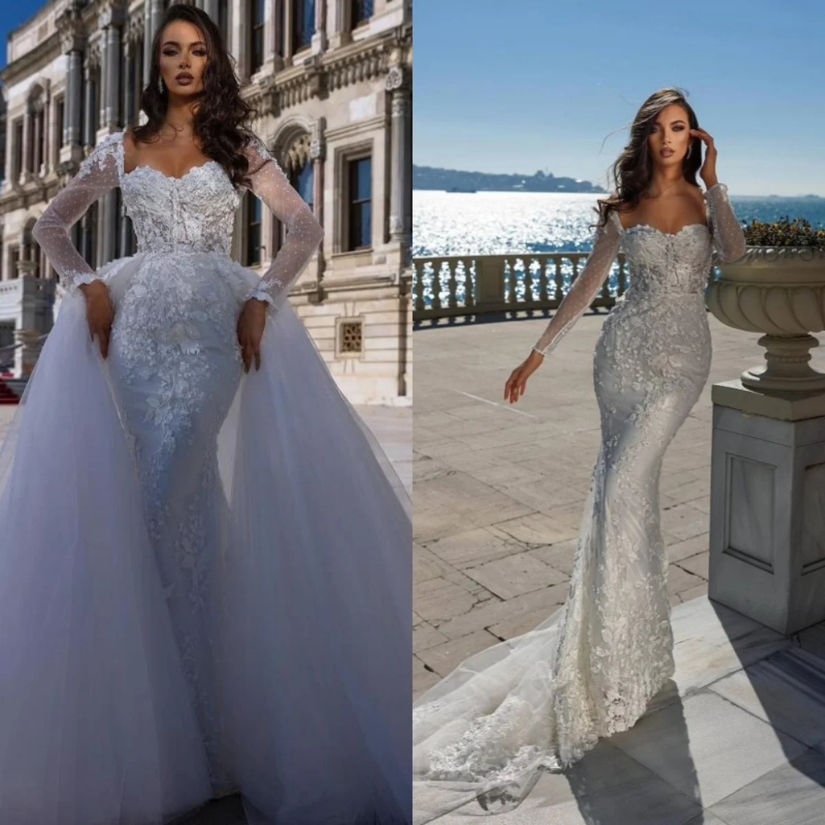 

Custom Elegant Mermaid Wedding Dress 2026 Luxury Lace Appliqué Bridal Gown with Detachable Overskirt Plus Size Vestido De Novia