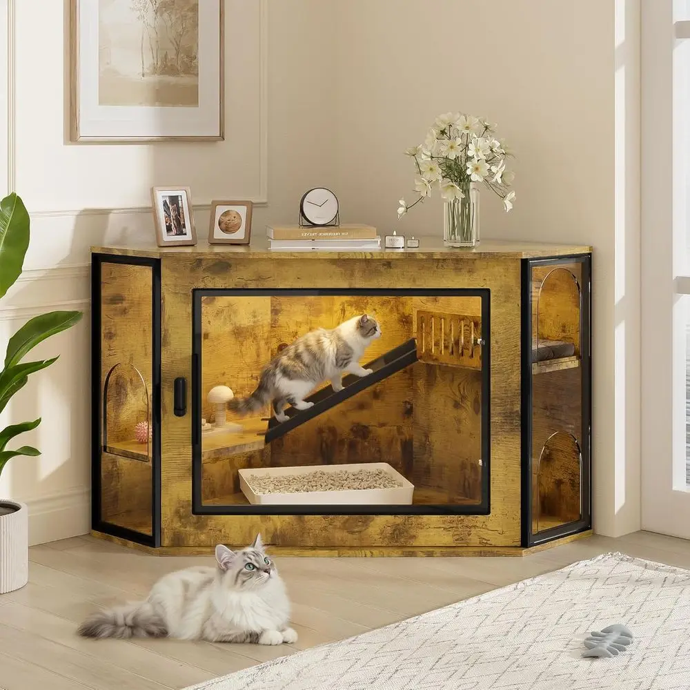 

48-Inch Cat Litter Box Enclosure with Acrylic Door, LED Light, and Play Area