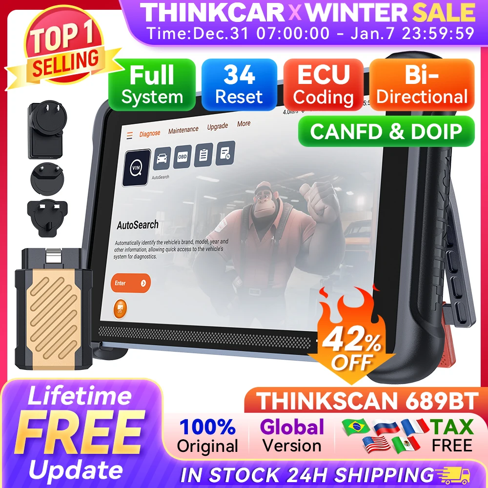 THINKCAR THINKSCAN 689BT Professional Car Diagnostic Tool CANFD DOIP Bi-directional ECU Coding 34 Reset Full System Obd2 Scanner