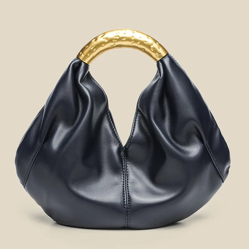 

Fashionable Soft Leather Mini Dumpling Handbag with Metal Decor Clutch Shoulder Bag High-End Feel Wrinkled Texture