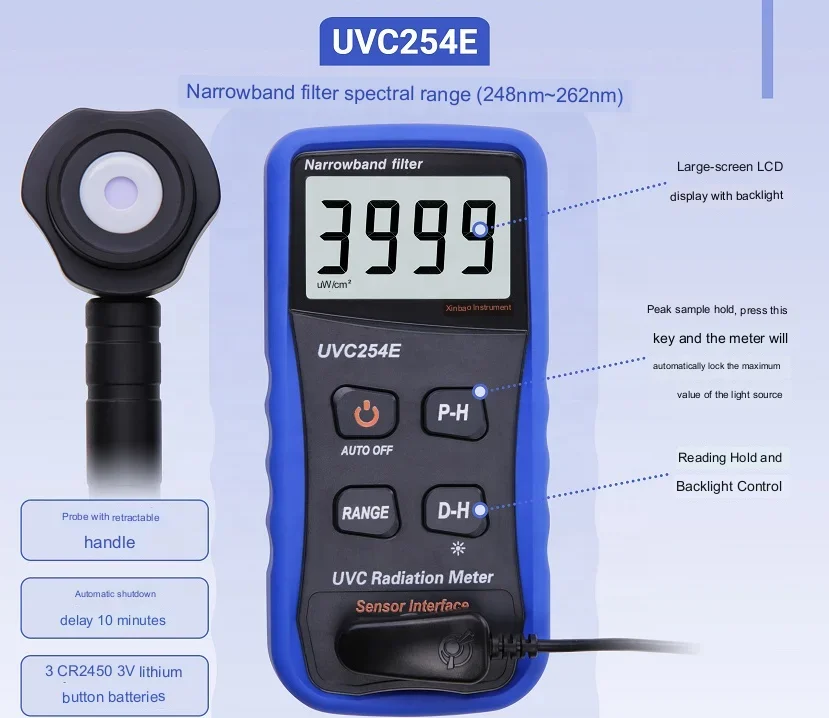 UV254E UV-lichtmeter UVC-lichtmetertester, UVC254E UVC-stralingsmeter met detector met instelbare intensiteit