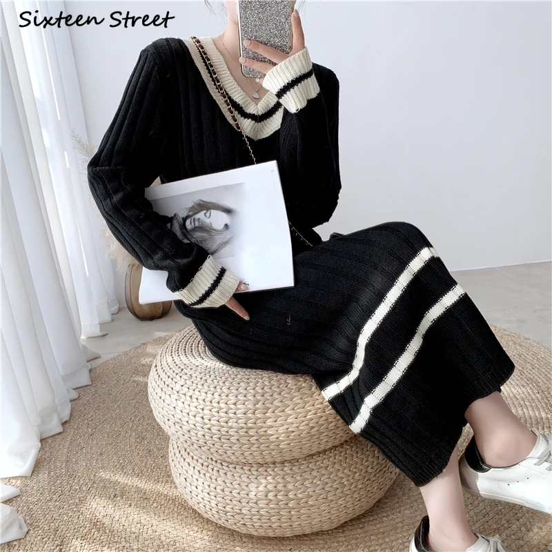 Black Oversized Long Knitting Dress Women 2022 Winter V-neck Chic Elegant Sweater Dresses Ladies Autumn Streetwear Knitwear