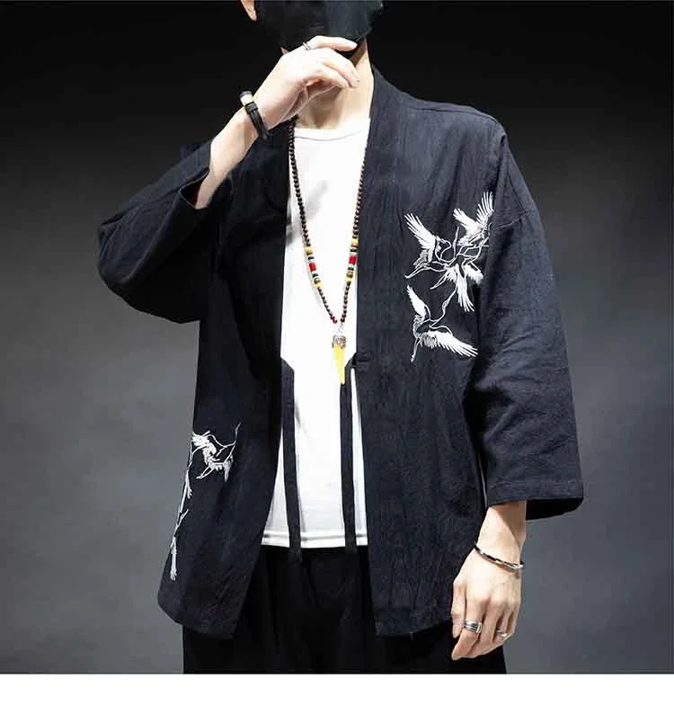 Japanese Style Kimono Robes Traditional Crane Print Haori Cardigan Asian Clothes Samurai Yukata Men Jackets Hip Hop Streetwear