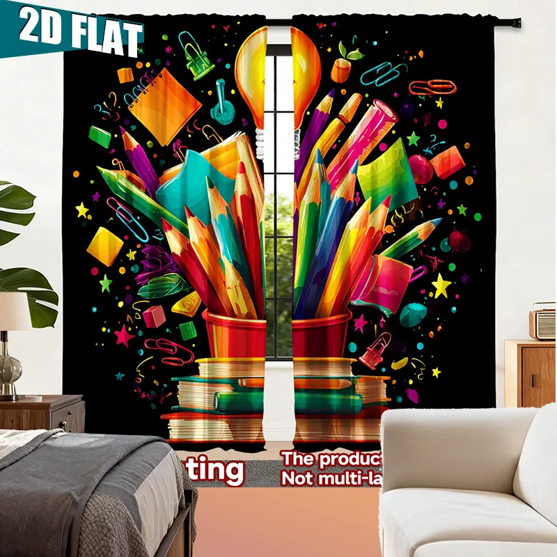 Vibrant Art Supplies Classroom Curtain Black Background Colorful Pencils Paintbrushes School Decor Window Curtain