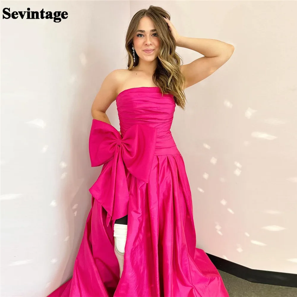 

Sevintage Elegant Fushia Prom Dress Satin Strapless Pleat Ruched Big Bow Side Slit Floor Length Evening Dress vestido de gala