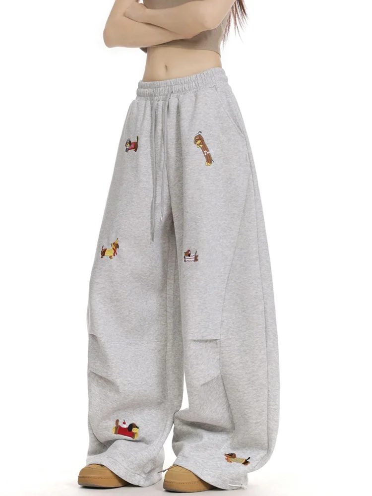Cartoon Embroidery Y2K Sweatpants Women Vintage American High Waist Wide Leg Pant Streetwear Loose Casual Bf Spring Trousers New