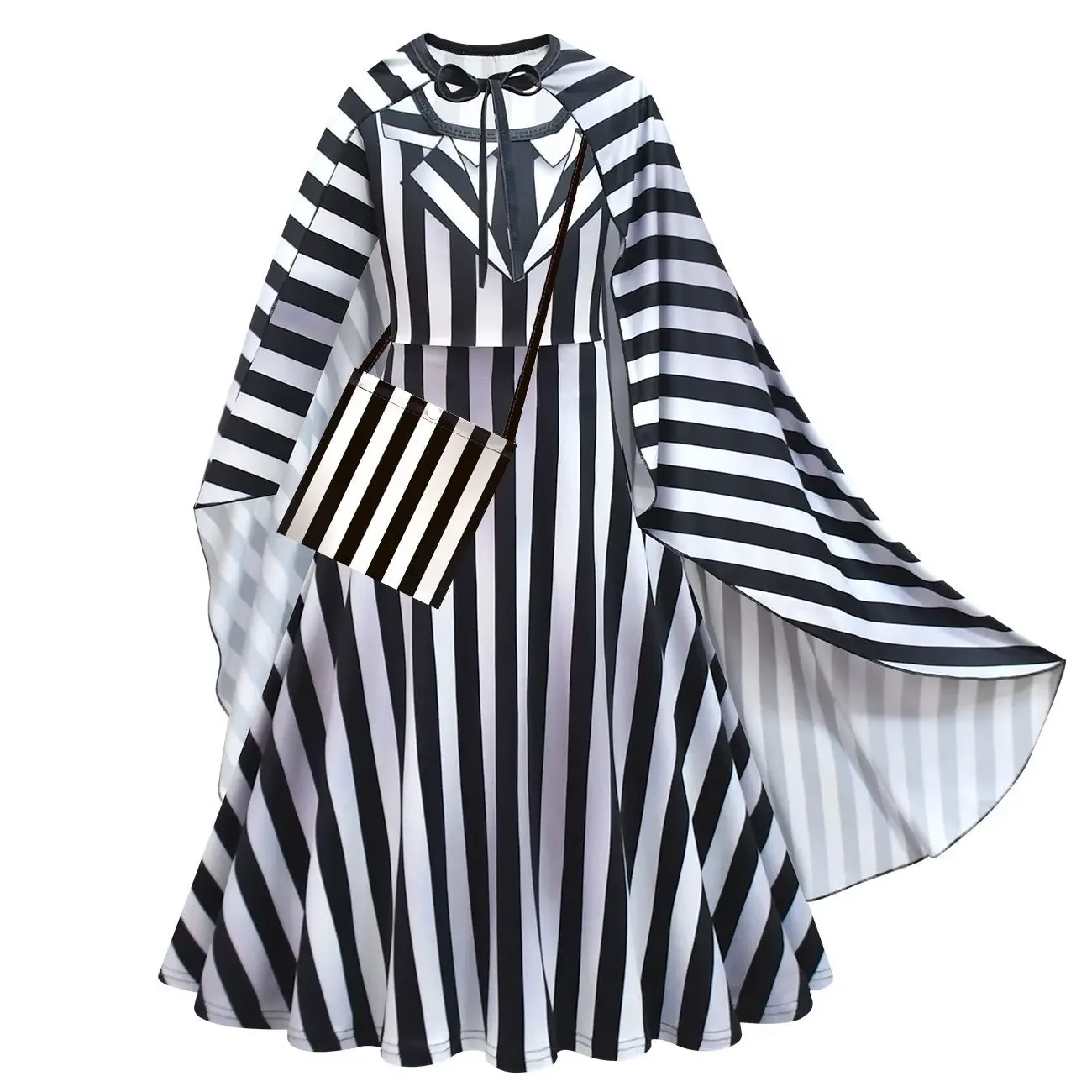 Kids Girls Black and White Stripe Horrible Monk Print Dress Bag Cloak Set Outfit Christmas Role Play Halloween Cosplay Costume