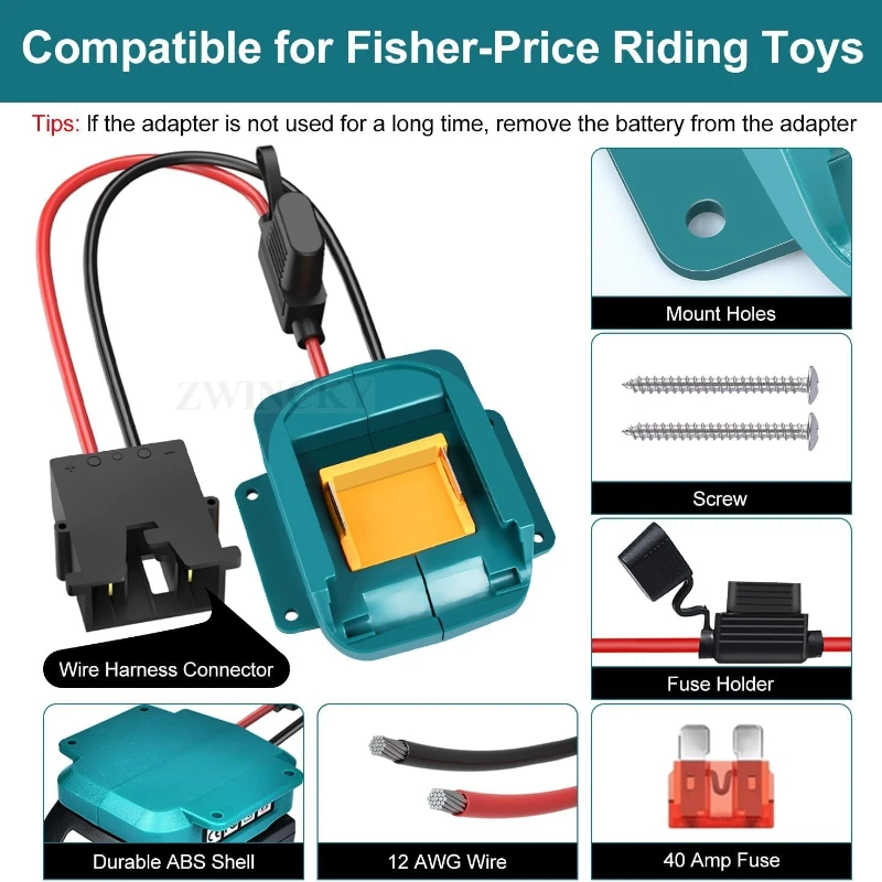 عجلة محول الطاقة لبطارية ماكيتا 18 فولت LXT مع موصل تسخير الأسلاك وحامل الصمامات لـ Peg-Perego/Fisher-Price 12 فولت