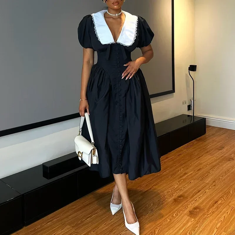

Elegant Waist-Fitted Black Medium-Length Dress For Women 2024 Autumn/Winter Fashionable French Style Puff Sleeve Clothing