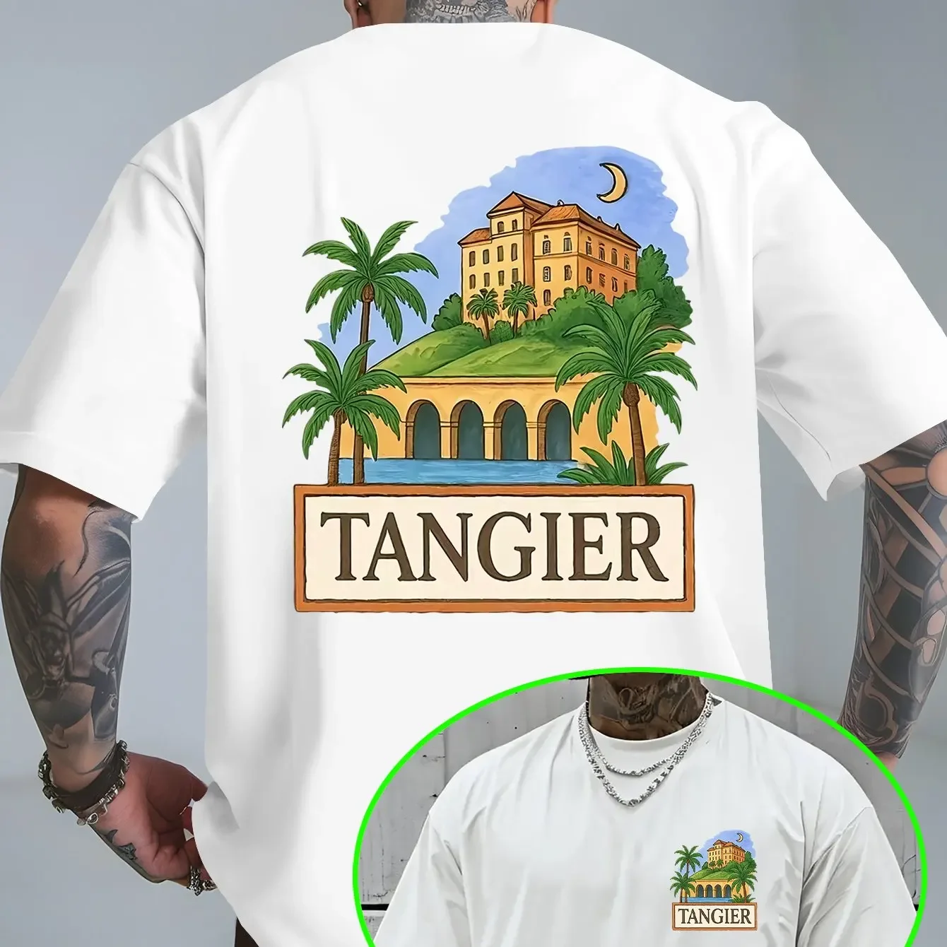 Men's Pure Cotton Moroccan Tangier Vacation T-shirt with Palm Castle and Cityscape Print Casual Everyday Outdoor Summer Top