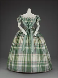 Green Plaid 1850s Vintage Dresses Vicorian 19th Century French Fashion 1860s Civil War Southern Belle Ball Gown Evening Dress