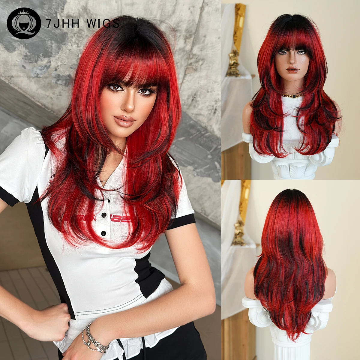 

7JHH WIGS Long Straight Black Ombre Red Wig for Women High Density Synthetic Layered Modest Fashion Wigs with Dark Roots