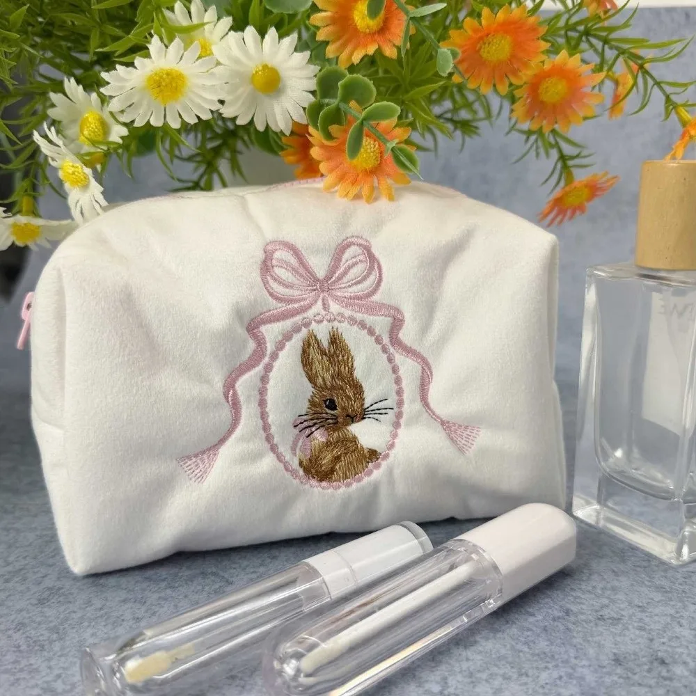 Kawaii Rabbit Cosmetic Bag Large Capacity Lace Bow Makeup Organizer White Pink Zipper Closure Travel Toiletry Bag Women Girls