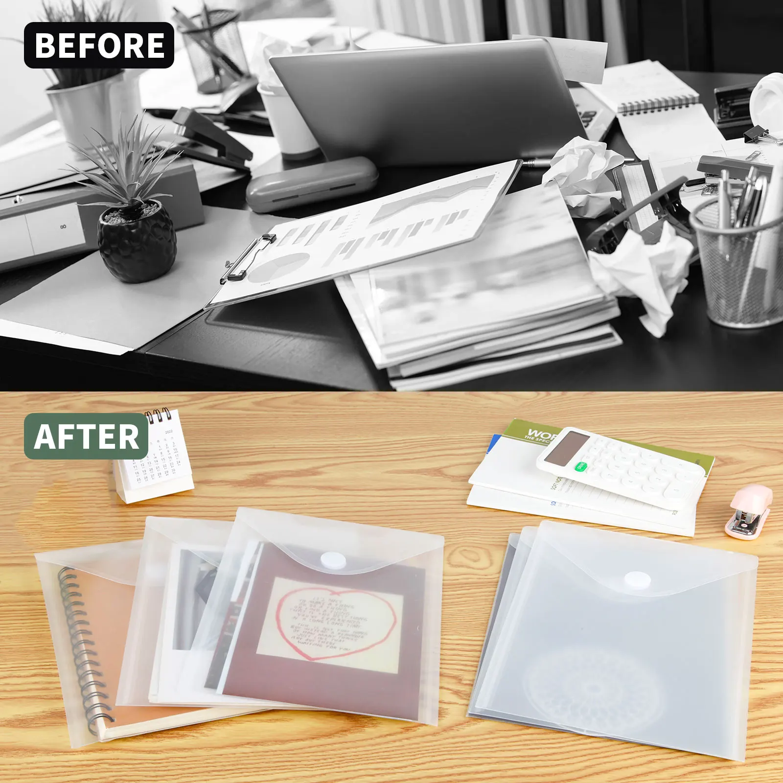 5pcs/Set  A5 Clear Document Folders Poly Envelopes with Velcro Closure Plastic Invoice Receipts Pouch Organizer Bags Top Opening