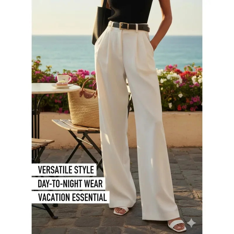 Elegant High Waist Wide Leg Pants For Women's Spring Office Look Solid White Straight Trousers For Daily Work Or Casual Outfits