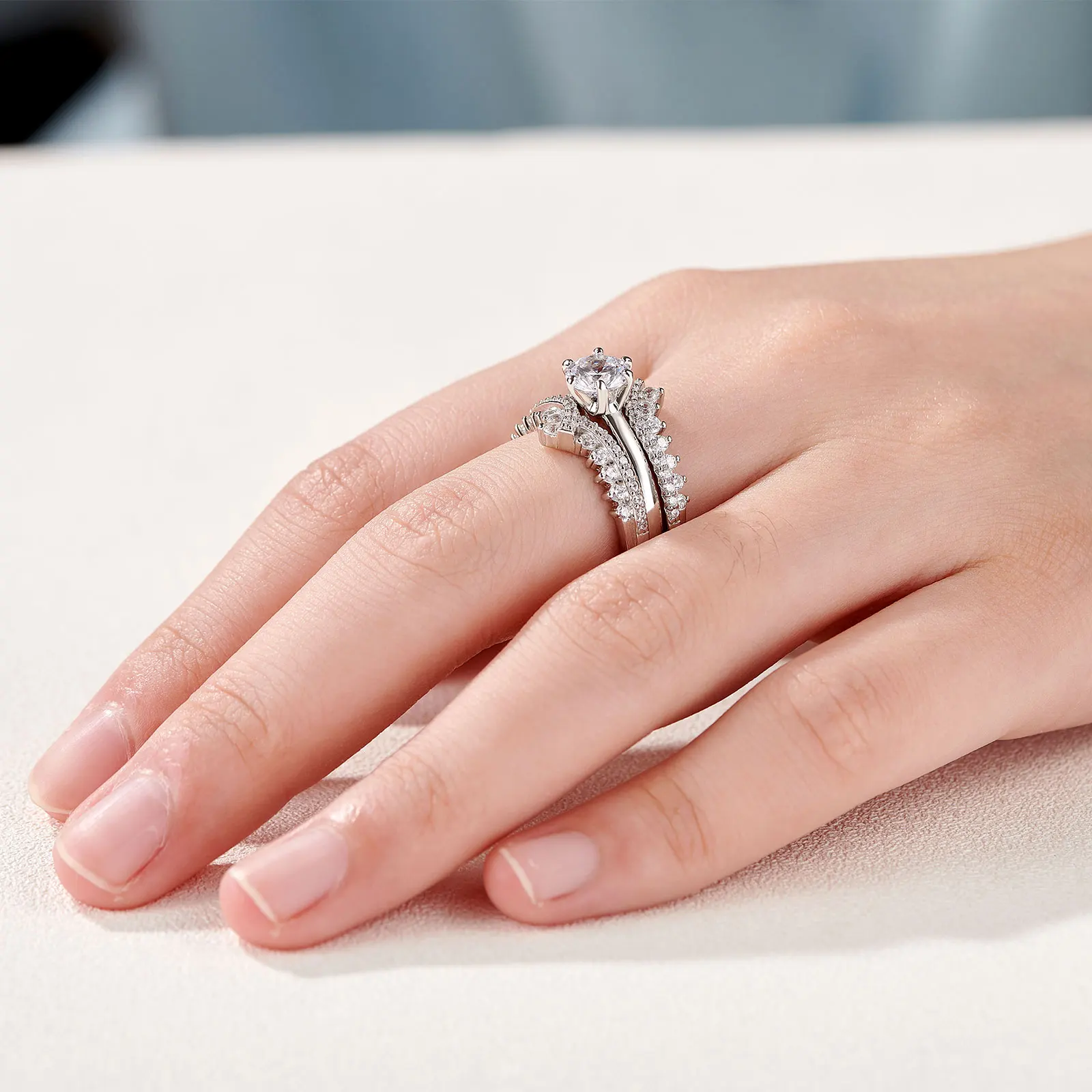 Newshe 925 Silver Bridal Set Original Wedding Rings for Women 1.8Ct Round Cut Zircon Moissanite Engagement Ring Enhancer Band