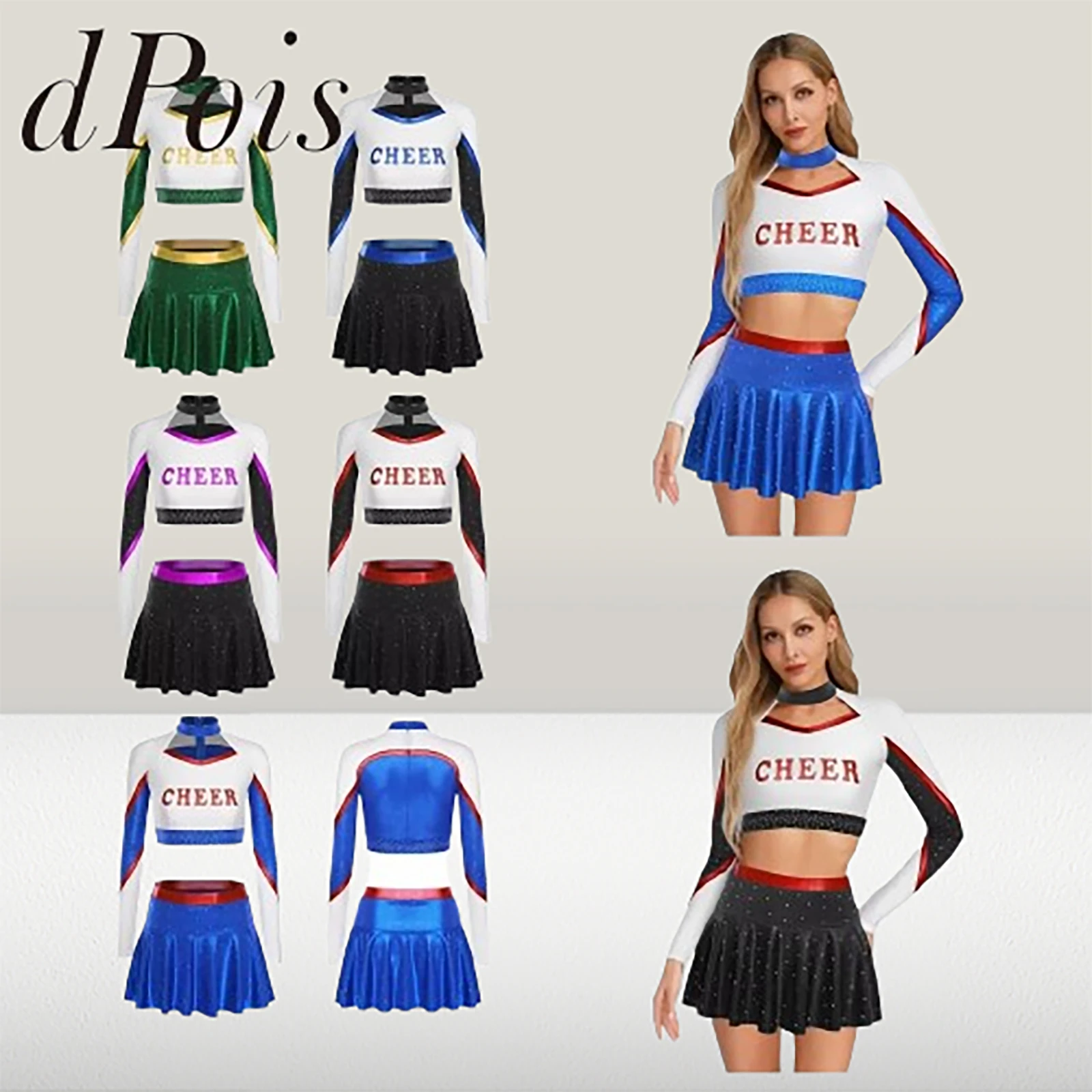 Women Cosplay Cheerleader Costume Shiny Metallic Cheering Cheerleading Uniform Fashion Teamwear Long Sleeve Cheer Dance Outfits