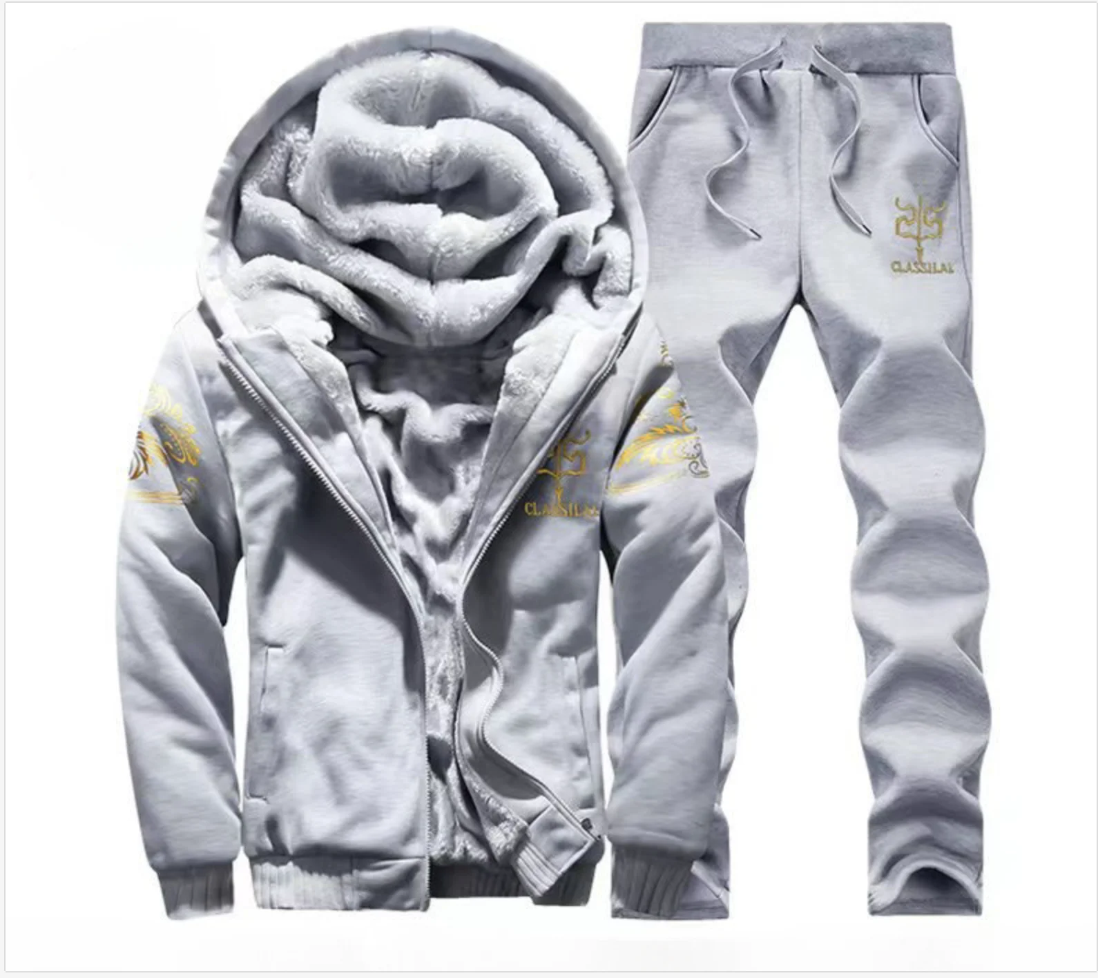 Plus Size  Fall Winter Fleece Thick Men's Casual Sports Two Piece Set Youth Korean Hooded Suit