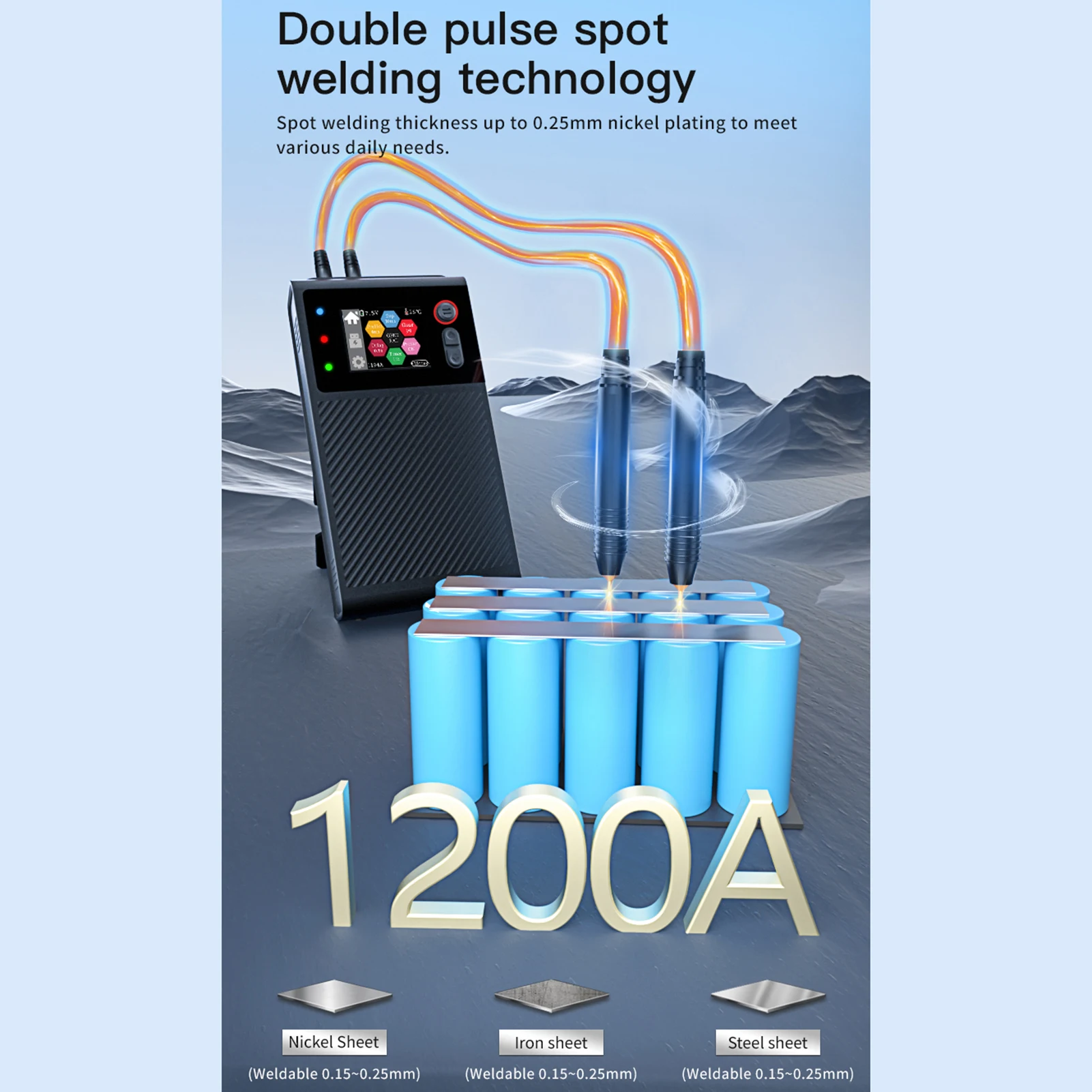 ماكينة لحام نقطي للبطارية 1200 أمبير، لحام نقطي محمول، نبض مزدوج مع تحكم ذكي/وضع عام، شاشة ملونة 1.8 بوصة #2