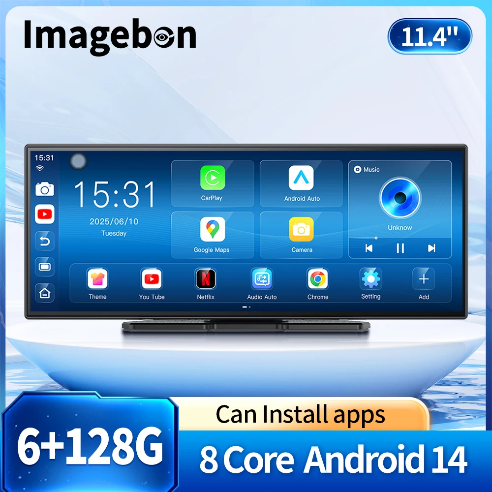 Imagebon W70 11.4 "Android 14 6 + 128G 8 Core Dashcam sans fil CarPlay et Android Auto Youtube Google Play double objectif GPS voiture DVR
