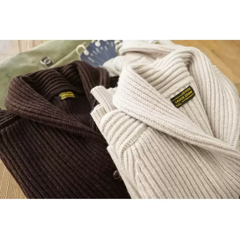Sauce Zhan Mens Sweater Cardigans for Man Sweatercost Pure Heavy Sheep Wool for Winter Vintage Shawl Colla Slim Fit