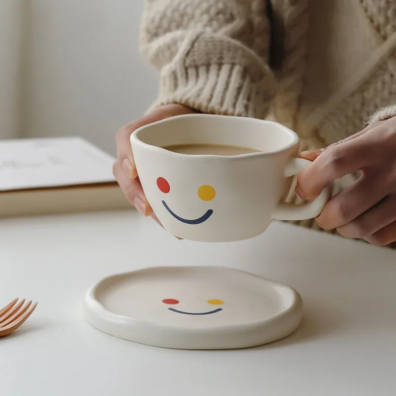 Nordic Cute Style High Temperature Fired Ceramics Cup and Saucer Set Handmade Simple Smiling Face Pattern Coffee Afternoon Tea