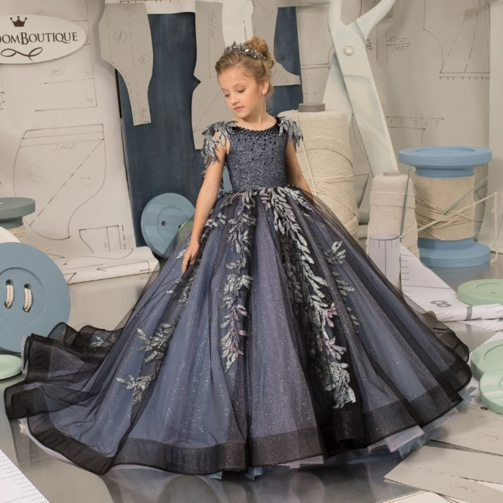 

Customized Grey Flower Girl Dress For Weddings Applique Beaded Girls Pageant Gown Tulle Kids First Communion Dress YFD57