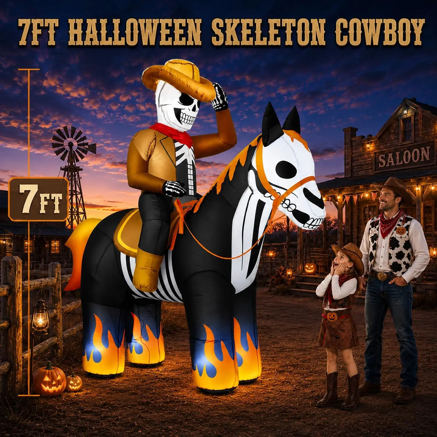 Halloween Outdoor Decorations, 7FT Inflatable Skeleton Cowboy Riding Horse with Bright Built-in LEDs, Flame-Hoofed Western Blow Up Yard Decoration for Lawn Party