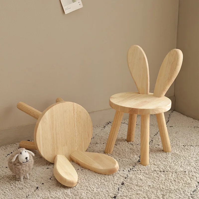 1 piece solid wood low stool, cute rabbit ear shape children’s chair furniture