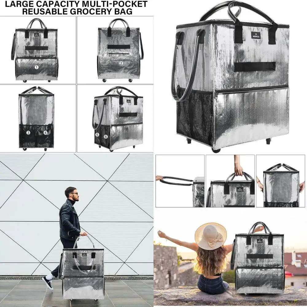 

Wheeled 70L Collapsible Tote Bag with 6 Pockets, 3-Way Carry, Zippered Top for Shopping, Camping, and Moving, Medium Silver