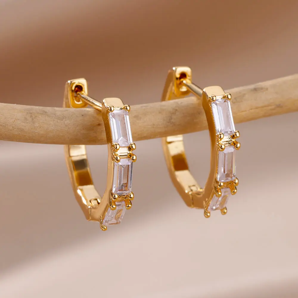Pendientes de Aro Rectangulares de Zirconia para Mujer, Color Dorado, Acero Inoxidable, Tendencia 2026, Joyería Moderna de Lujo para Parejas de Boda
