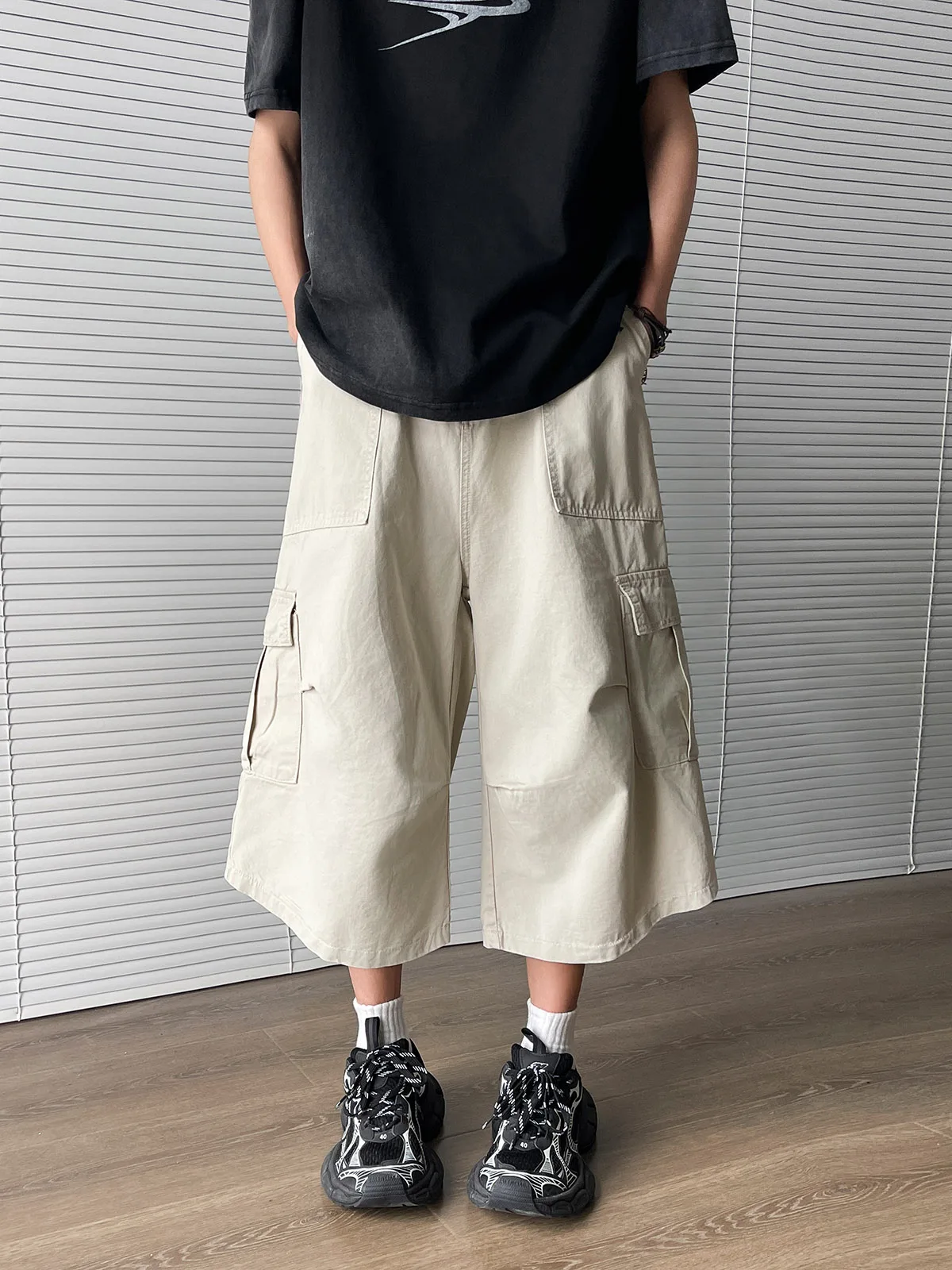 

Retro Multi-ket Pleated Design Workwear orts Loose Wide Leg Casual Seven-Foot Pants for Boys American Cleanfit Sle