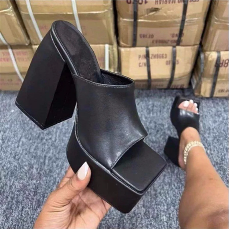 2023 New Women Color Printing Square Head Thick Bottom Thick Heel One-line Slippers Women's Large Size High-heeled Sandals