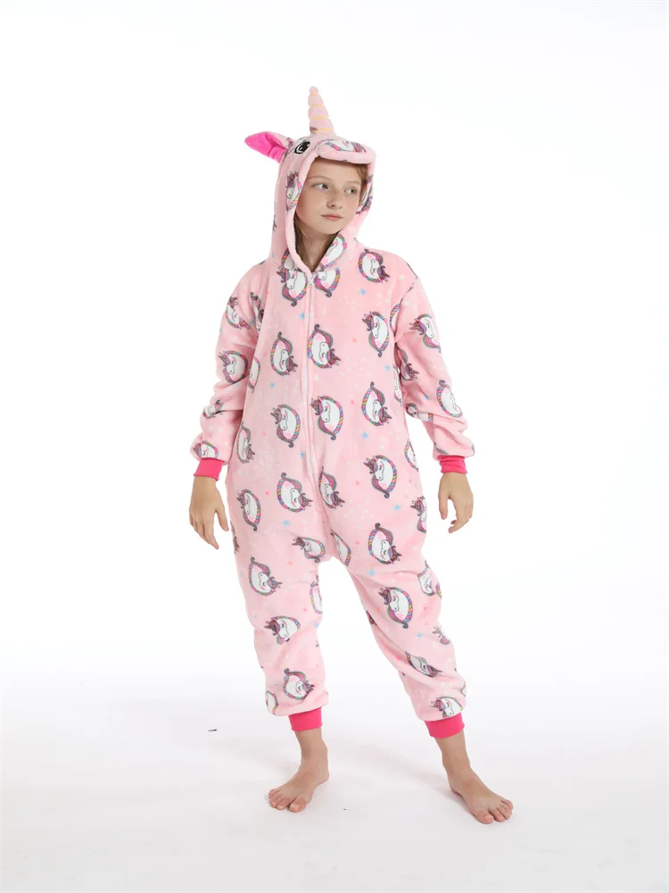 Fall-winter Flannel Children Cartoon Halloween Cosplay Kigurumi Unicorn One-piece Pajamas Costume Hooded Warm Sleepwear Unisex