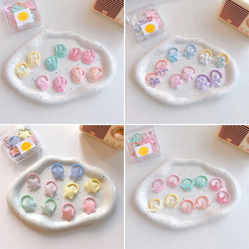 10pcs/Box Baby Girls Cute Sequin Flower Heart Crown Elastic Rubber Band Hair Rope Children Mini Hair Tie Kids Headwear Accessory